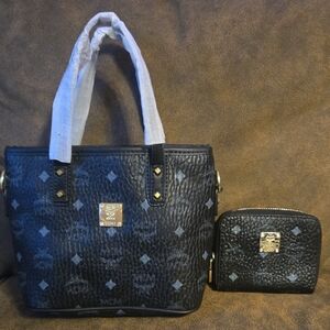 2pc Set Designer Inspired Black and Gray Tote Bag with Wallet